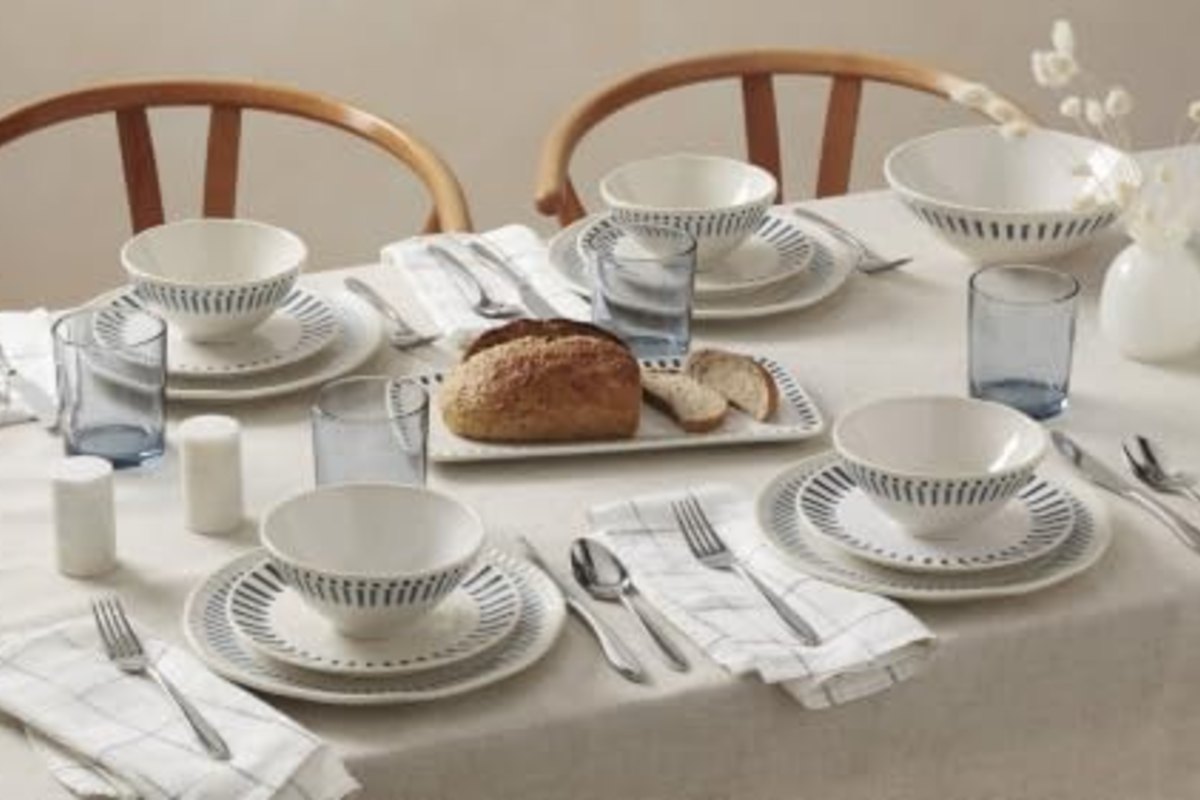 A morning table by the window, striped bowls and plates with the chairs pulled in